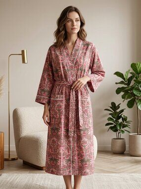 Hand block Print Cotton Kimono Robe, Floral Lounge Gown, Bridesmaid Gift, Resort